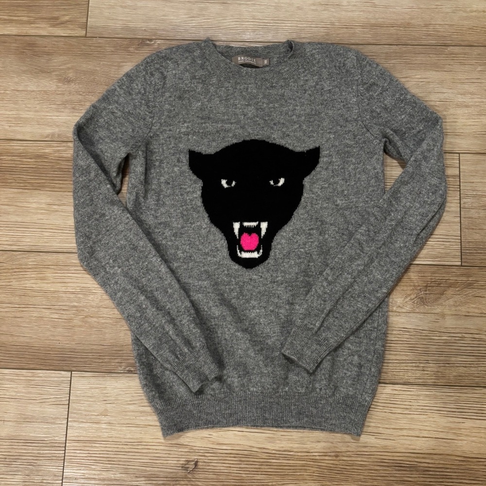 Brodie Fine Cashmere Grey Panther Intarsia Sweater XS 100% Cashmere Crew Neck